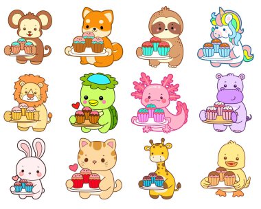 Sevimli vahşi hayvan ikonu. Yumuşak evcil hayvan etiketleri. Şirin hayvanlar üç kap kek getirir.