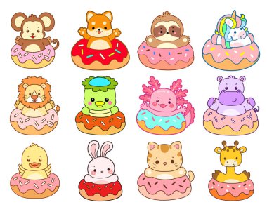 Sevimli vahşi hayvan ikonu. Yumuşak evcil hayvan etiketleri. Tatlı hayvanlar çöreğe sıkışmış.