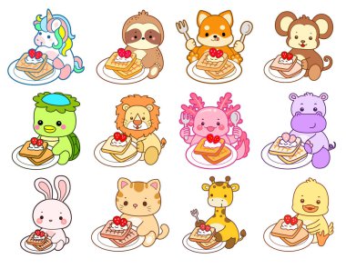 Sevimli vahşi hayvan ikonu. Yumuşak evcil hayvan etiketleri. Sevimli hayvanlar çilekli ekmek yemek ister.