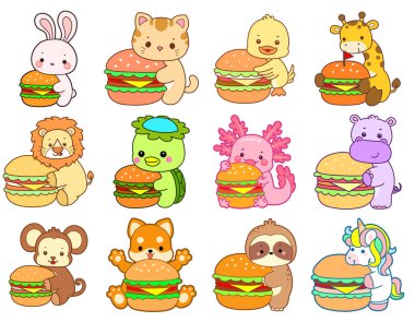 Sevimli vahşi hayvan ikonu. Yumuşak evcil hayvan etiketleri. Şirin hayvanlar hamburger getirir.