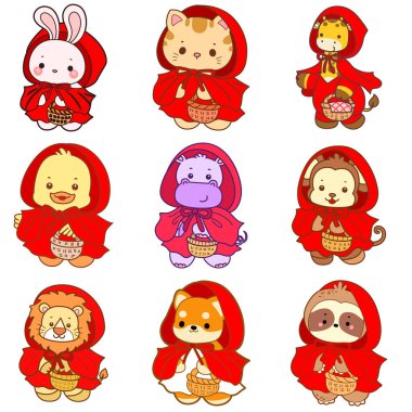 Sevimli vahşi hayvan ikonu. Yumuşak evcil hayvan etiketleri. Kırmızı başlık giyen sevimli hayvanlar.