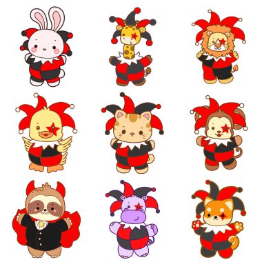 Sevimli vahşi hayvan ikonu. Yumuşak evcil hayvan etiketleri. Tarot kostümü giyen sevimli hayvanlar.