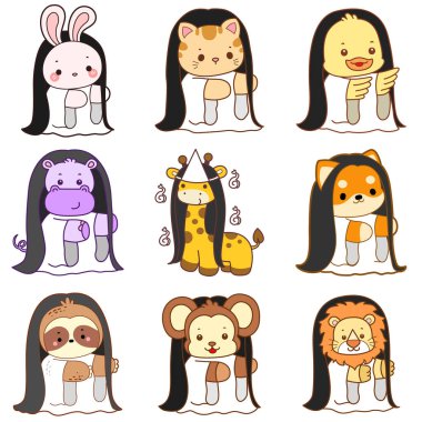Sevimli vahşi hayvan ikonu. Yumuşak evcil hayvan etiketleri. Uzun saçlı ve hayalet kostümü giyen sevimli hayvanlar.