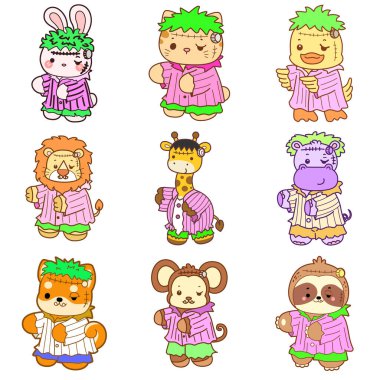 Sevimli vahşi hayvan ikonu. Yumuşak evcil hayvan etiketleri. Frankenstein kostümü giyen sevimli hayvanlar.