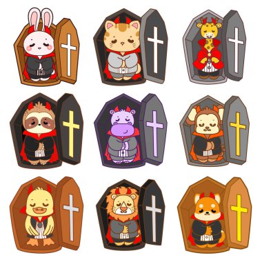 Sevimli vahşi hayvan ikonu. Yumuşak evcil hayvan etiketleri. Tabuttaki sevimli vampir hayvanlar.