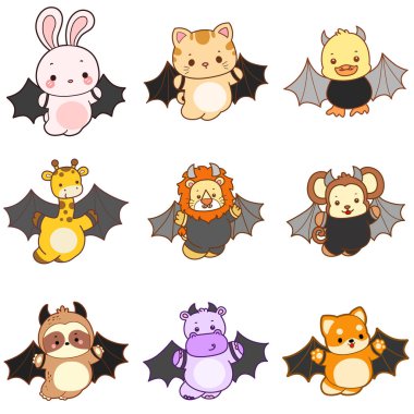 Sevimli vahşi hayvan ikonu. Yumuşak evcil hayvan etiketleri. Yarasa kostümü giyen sevimli hayvanlar.