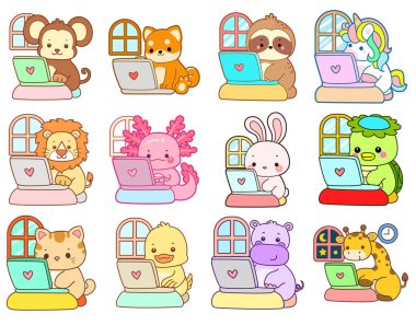 Sevimli vahşi hayvan ikonu. Yumuşak evcil hayvan etiketleri. Not defterinde çalışan sevimli hayvanlar.