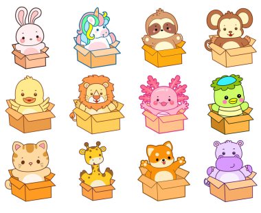 Sevimli vahşi hayvan ikonu. Yumuşak evcil hayvan etiketleri. Kutuya sıkışmış şirin hayvanlar.