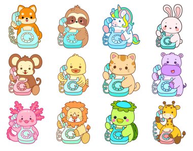 Sevimli vahşi hayvan ikonu. Yumuşak evcil hayvan etiketleri. Şirin hayvanlar telefonla birilerini arıyor.