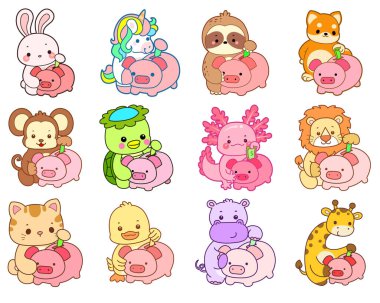 Sevimli vahşi hayvan ikonu. Yumuşak evcil hayvan etiketleri. Şirin hayvanlar kumbarada para biriktiriyor.