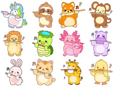 Sevimli vahşi hayvan ikonu. Yumuşak evcil hayvan etiketleri. Flüt çalan sevimli hayvanlar.