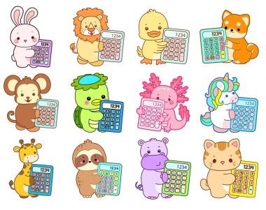 Sevimli vahşi hayvan ikonu. Yumuşak evcil hayvan etiketleri. Şirin hayvanlar hesap makinesi getirir.