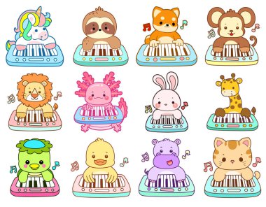 Sevimli vahşi hayvan ikonu. Yumuşak evcil hayvan etiketleri. Piyano çalan sevimli hayvanlar.