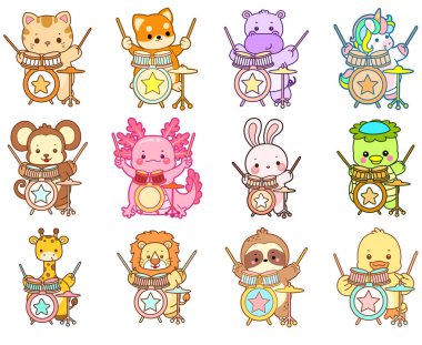 Sevimli vahşi hayvan ikonu. Yumuşak evcil hayvan etiketleri. Davul çalan sevimli hayvanlar.