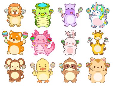 Sevimli vahşi hayvan ikonu. Yumuşak evcil hayvan etiketleri. Marakas çalan sevimli hayvanlar.