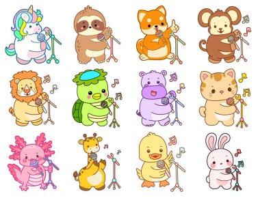 Sevimli vahşi hayvan ikonu. Yumuşak evcil hayvan etiketleri. Şirin hayvanlar mikrofonla şarkı söylerler.