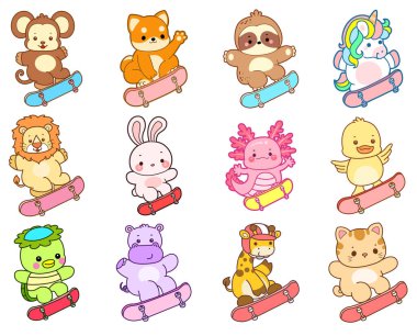 Sevimli vahşi hayvan ikonu. Yumuşak evcil hayvan etiketleri. Kaykay oynayan sevimli hayvanlar.