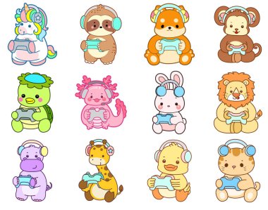 Sevimli vahşi hayvan ikonu. Yumuşak evcil hayvan etiketleri. Oyun oynayan sevimli hayvanlar.