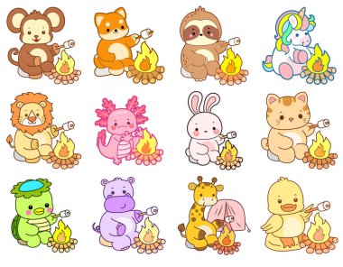 Sevimli vahşi hayvan ikonu. Yumuşak evcil hayvan etiketleri. Şirin hayvanlar şöminede lokum kızartıyorlar.