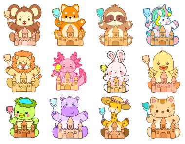 Sevimli vahşi hayvan ikonu. Yumuşak evcil hayvan etiketleri. Kumdan kalede oynayan sevimli hayvanlar.