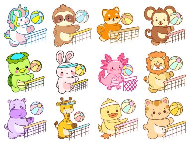 Sevimli vahşi hayvan ikonu. Yumuşak evcil hayvan etiketleri. Voleybol oynayan sevimli hayvanlar.