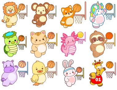 Sevimli vahşi hayvan ikonu. Yumuşak evcil hayvan etiketleri. Basketbol oynayan sevimli hayvanlar.