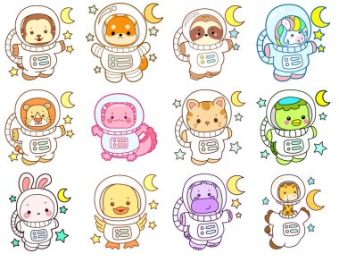 Sevimli vahşi hayvan ikonu. Yumuşak evcil hayvan etiketleri. Astronot gibi sevimli hayvanlar.