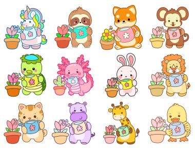 Sevimli vahşi hayvan ikonu. Yumuşak evcil hayvan etiketleri. Bitkileri sulayan sevimli hayvanlar.