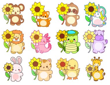 Sevimli vahşi hayvan ikonu. Yumuşak evcil hayvan etiketleri. Şirin hayvanlar güneş çiçeği getirir.