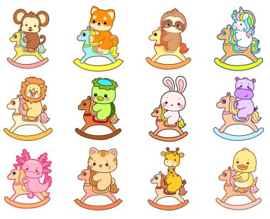 Sevimli vahşi hayvan ikonu. Yumuşak evcil hayvan etiketleri. Kayalık bir atla gurur duyan sevimli hayvanlar.