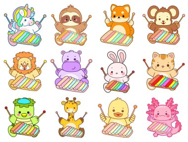 Sevimli vahşi hayvan ikonu. Yumuşak evcil hayvan etiketleri. Ksilofon çalan sevimli hayvanlar