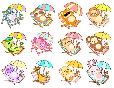 Sevimli vahşi hayvan ikonu. Yumuşak evcil hayvan etiketleri. Kumsalda yatan sevimli hayvanlar.