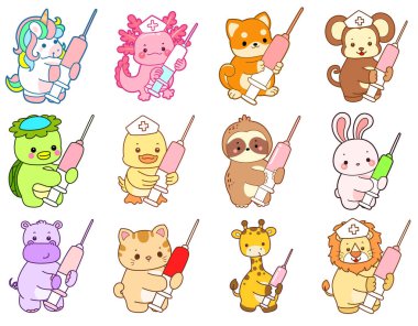 Sevimli vahşi hayvan ikonu. Yumuşak evcil hayvan etiketleri. Şirin hayvanlar şırınga getirir.