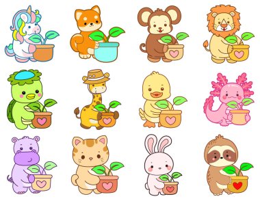 Sevimli vahşi hayvan ikonu. Yumuşak evcil hayvan etiketleri. Şirin hayvanlar tencereye yaprak koyar.