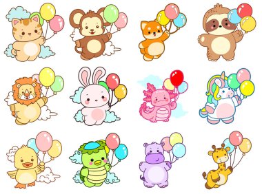 Sevimli vahşi hayvan ikonu. Yumuşak evcil hayvan etiketleri. Şirin hayvanlar bir sürü balon getirir.