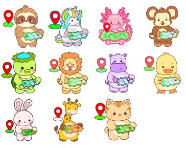 Sevimli vahşi hayvan ikonu. Yumuşak evcil hayvan etiketleri. Sevimli hayvanlar haritayı görür