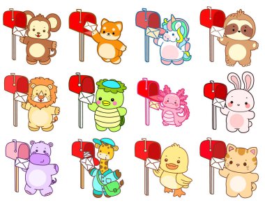 Sevimli vahşi hayvan ikonu. Yumuşak evcil hayvan etiketleri. Şirin hayvanlar posta kutusuyla mesaj yolluyor.