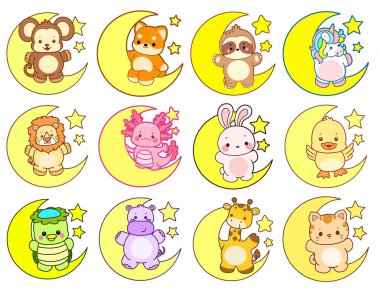 Sevimli vahşi hayvan ikonu. Yumuşak evcil hayvan etiketleri. Sevimli hayvanlar Ay 'da ayağa kalkar