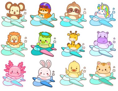 Sevimli vahşi hayvan ikonu. Yumuşak evcil hayvan etiketleri. Uçağa binen sevimli hayvanlar