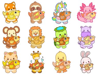 Sevimli vahşi hayvan ikonu. Yumuşak evcil hayvan etiketleri. Şirin hayvanlar altın balık getirir.