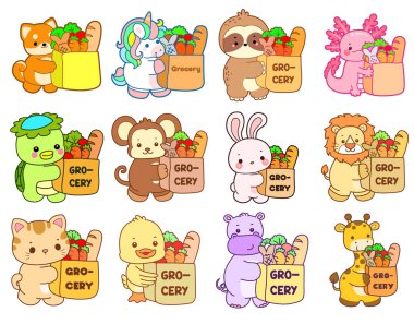 Sevimli vahşi hayvan ikonu. Yumuşak evcil hayvan etiketleri. Şirin hayvanlar alışveriş torbası getirir.