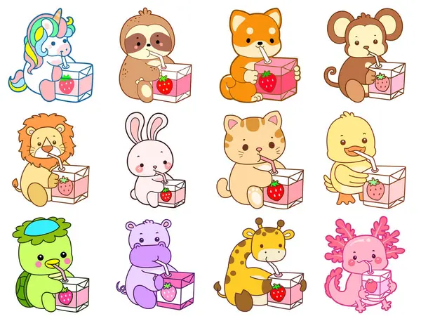 Sevimli vahşi hayvan ikonu. Yumuşak evcil hayvan etiketleri. Şirin hayvanlar çilekli süt getirir.