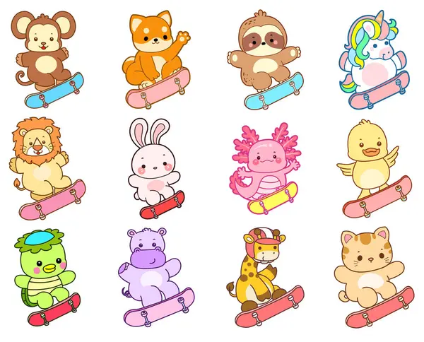 Sevimli vahşi hayvan ikonu. Yumuşak evcil hayvan etiketleri. Kaykay oynayan sevimli hayvanlar.