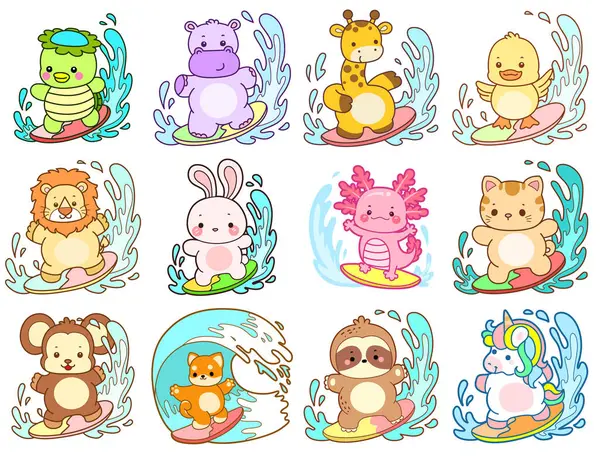Sevimli vahşi hayvan ikonu. Yumuşak evcil hayvan etiketleri. Sörf yapan sevimli hayvanlar.