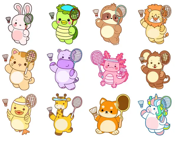 Sevimli vahşi hayvan ikonu. Yumuşak evcil hayvan etiketleri. Badminton oynayan sevimli hayvanlar.