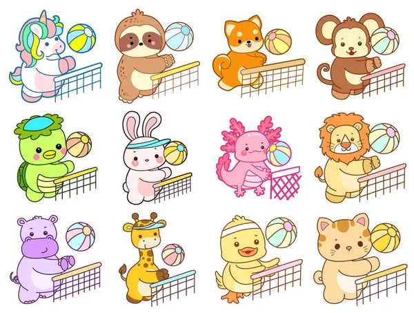 Sevimli vahşi hayvan ikonu. Yumuşak evcil hayvan etiketleri. Voleybol oynayan sevimli hayvanlar.