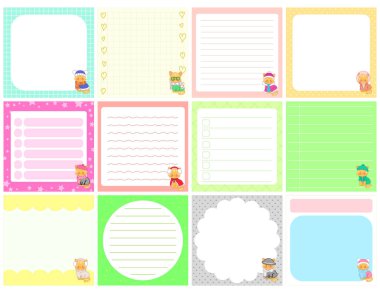 Şablon ve pastel renkli şirin yapış yapış planlayıcılar. Kışlık kıyafetli şirin kedi.