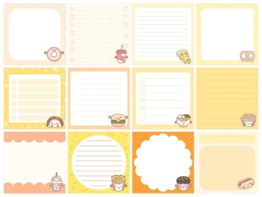 Şablon ve pastel renkli şirin yapış yapış planlayıcılar. Yapışkan notlardaki fast food çeşitleri