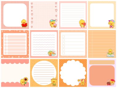 Şablon ve pastel renkli şirin yapış yapış planlayıcılar. Nottaki ördek karakteri