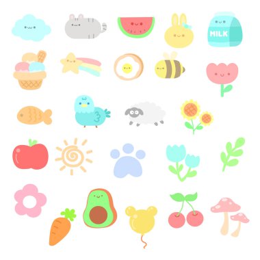 Şablon ve pastel renkli şirin yapış yapış planlayıcılar. Simge çıkartmalarının şirin şeyleri.